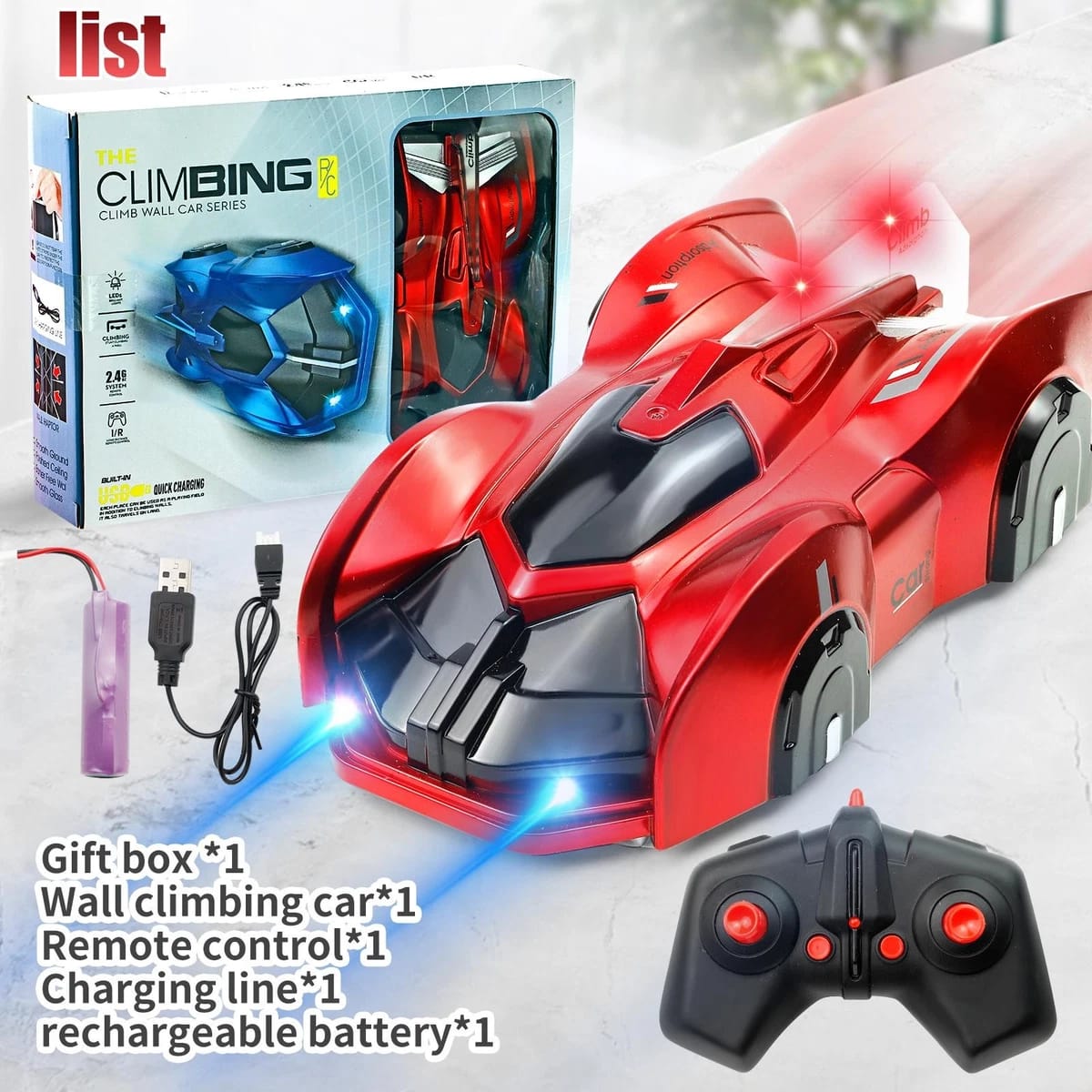 RC Wall Climbing Car with LED Lights & Remote Control